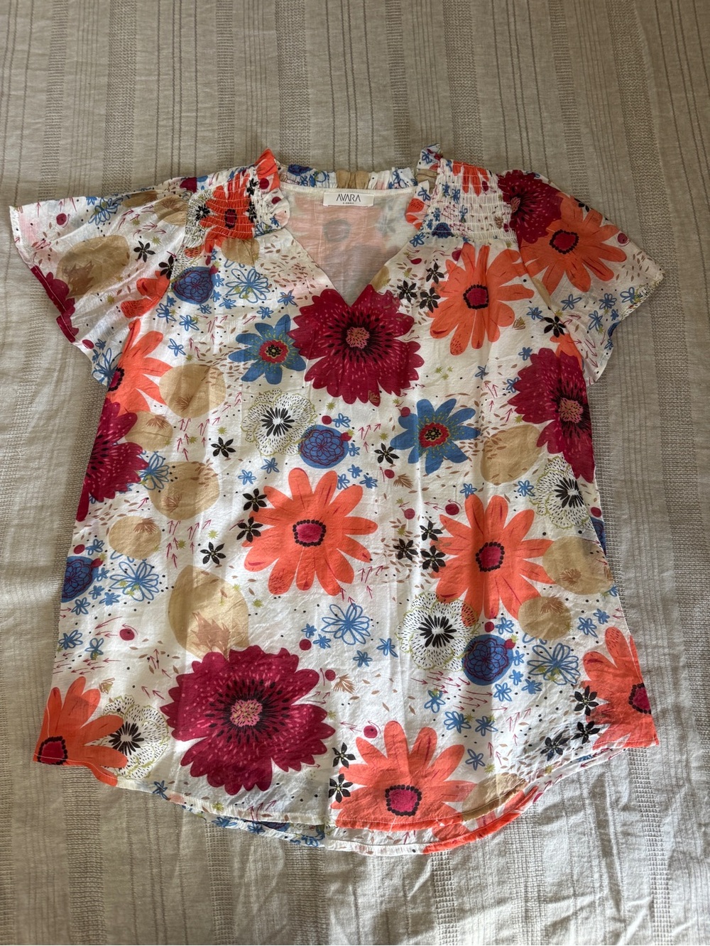 Avara Floral V-Neck Short Sleeve Blouse - White with Orange, Pink & Blue Flowers
